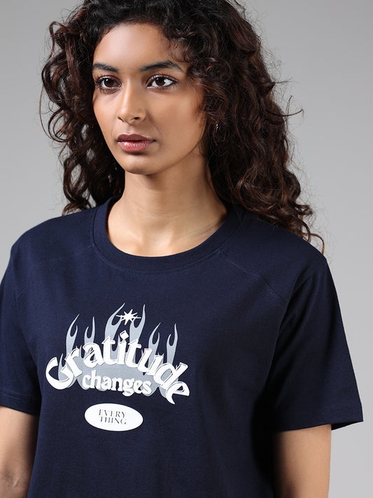 Studiofit Navy Typographic Printed Cotton T-Shirt