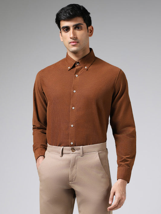 Ascot Tan Cotton Relaxed-Fit Dobby Shirt