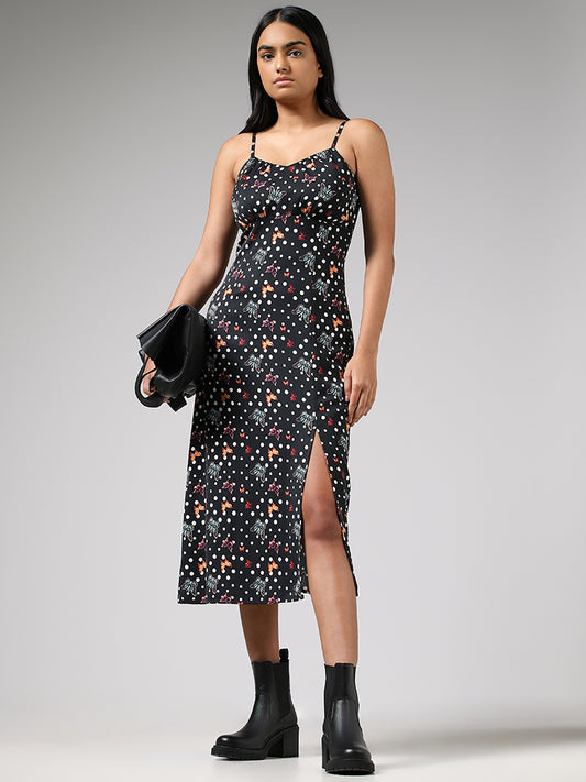 Nuon Black Abstract Printed High Slit Straight Dress