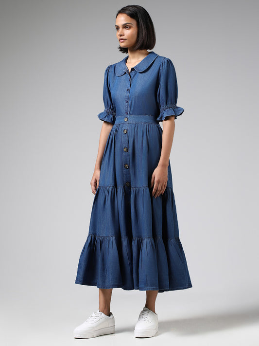 LOV Blue Cotton Buttoned-Down Tiered Skirt