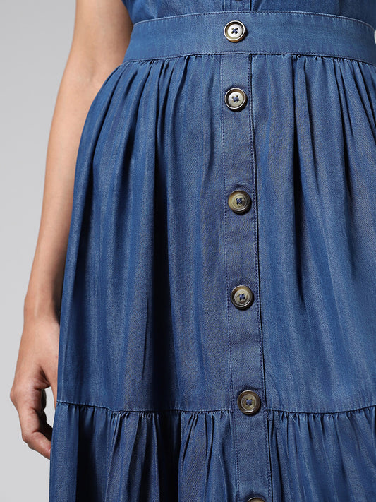 LOV Blue Cotton Buttoned-Down Tiered Skirt