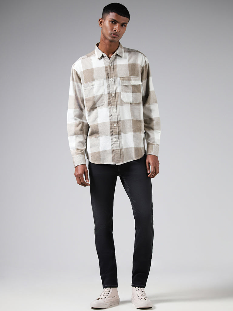 Nuon Beige Checked Relaxed Fit Shirt