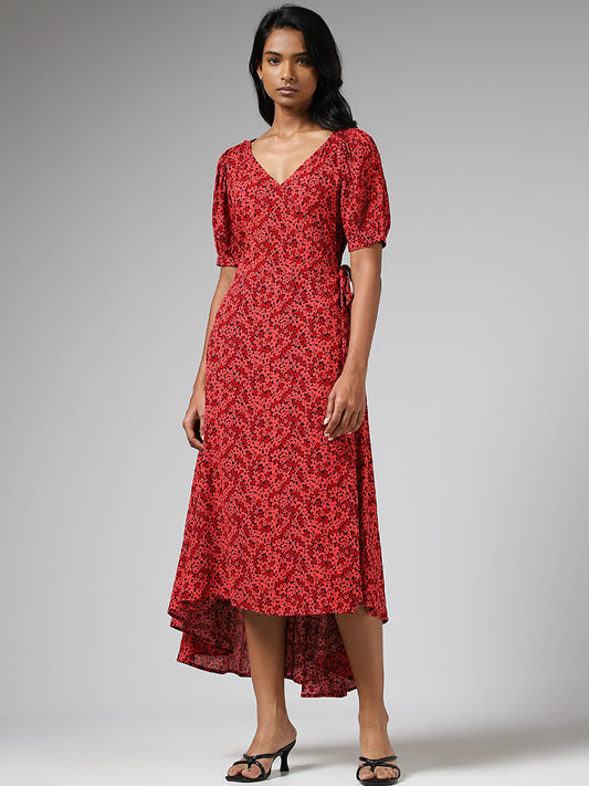 LOV Red Ditsy Floral Printed Tie-Up Asymmetrical Dress