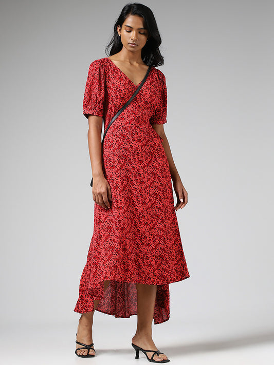 LOV Red Ditsy Floral Printed Tie-Up Asymmetrical Dress