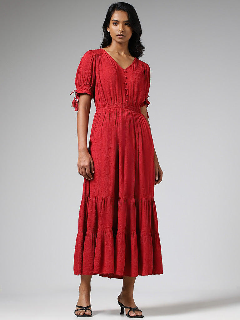 LOV Red Solid Tiered Dress