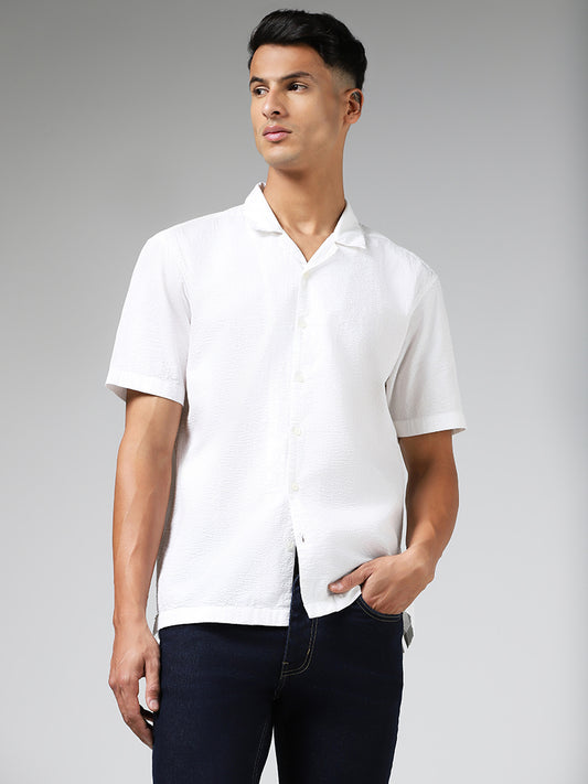 WES Casuals Solid White Relaxed-Fit Crinkled Cotton Shirt