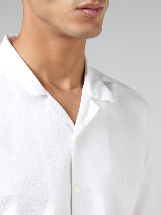 WES Casuals Solid White Relaxed-Fit Crinkled Cotton Shirt