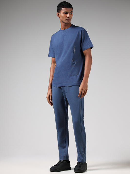 Studiofit Solid Blue Cotton Blend Relaxed-Fit Low-Rise Track Pants