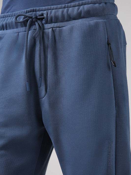 Studiofit Solid Blue Cotton Blend Relaxed-Fit Low-Rise Track Pants