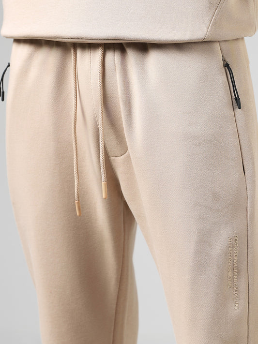 Studiofit Solid Beige Cotton Blend Relaxed-Fit Mid-Rise Track Pants