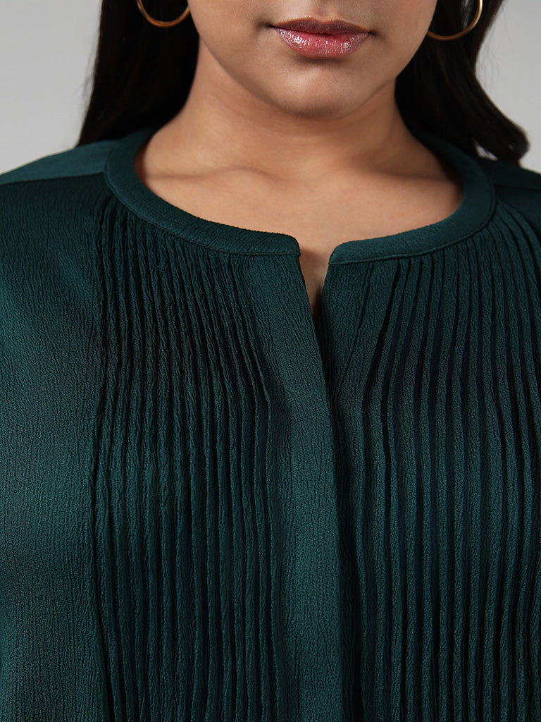 Buy Gia Solid Green Button Down Pleated Top from Westside