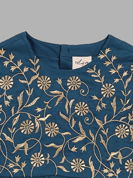 Utsa Kids Teal Floral Zari Embroidered Tiered Dress