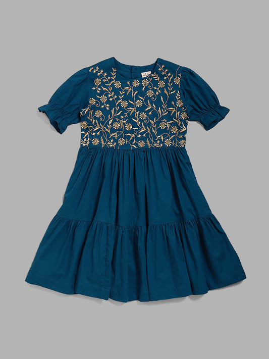 Utsa Kids Teal Floral Zari Embroidered Tiered Dress