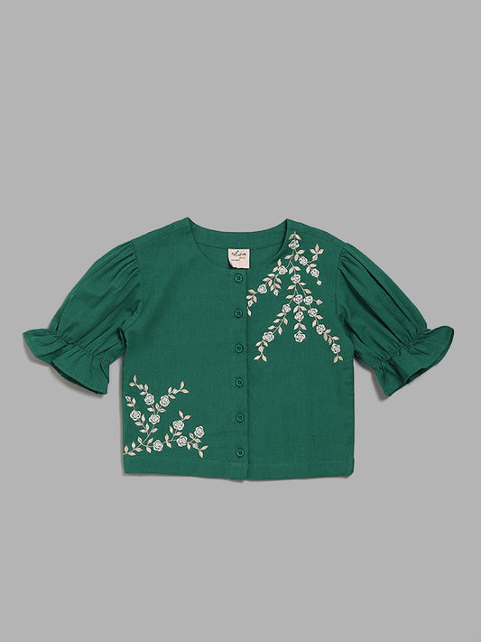 Utsa Kids Emerald Green Floral Embroidered Top