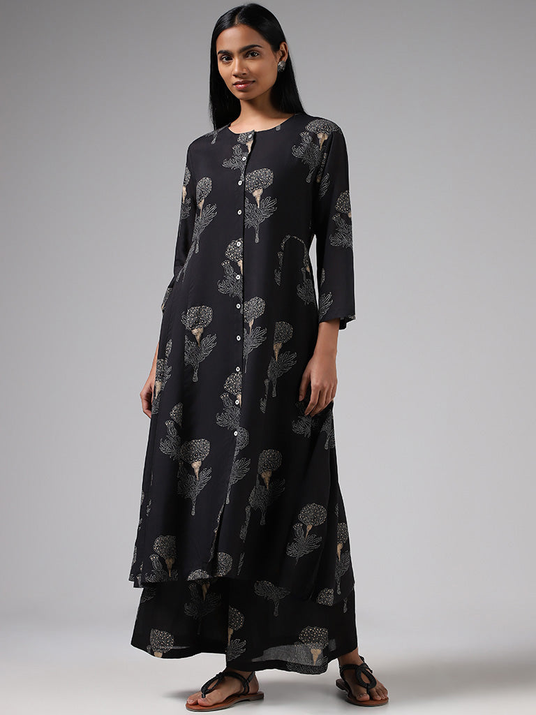 Buy Zuba Black Floral Block Printed Button Down Kurta from Westside