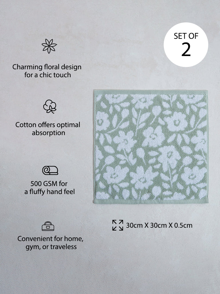 Westside Home Green Floral Face Towel (Set of 2)