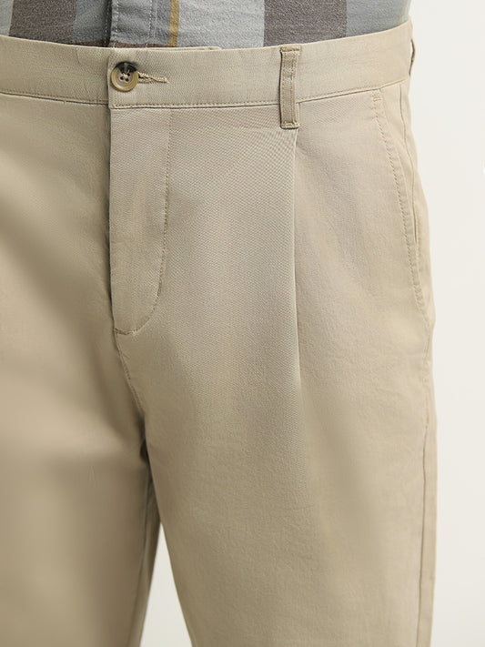 WES Casuals Beige Mid Rise Cotton Blend Relaxed Fit Trousers