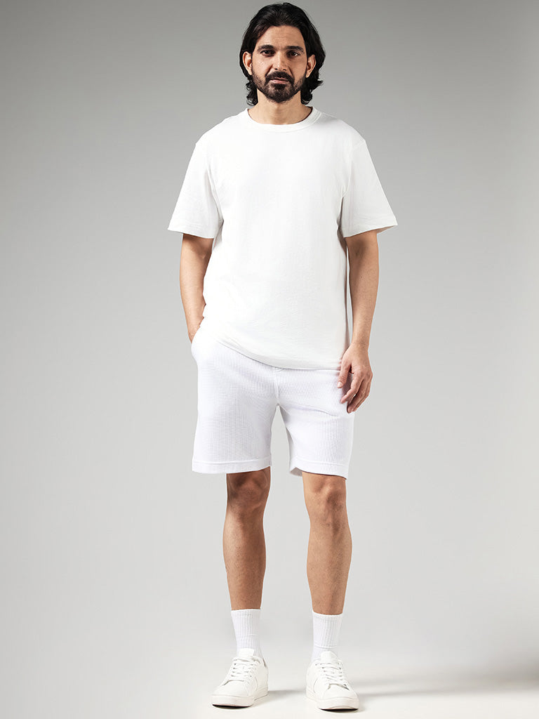 WES Casuals Solid Off White Cotton Relaxed-Fit T-Shirt