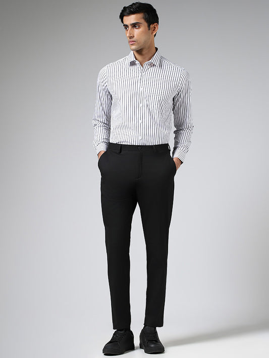 WES Formals White Striped Cotton Slim-Fit Shirt