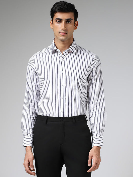 WES Formals White Striped Cotton Slim-Fit Shirt