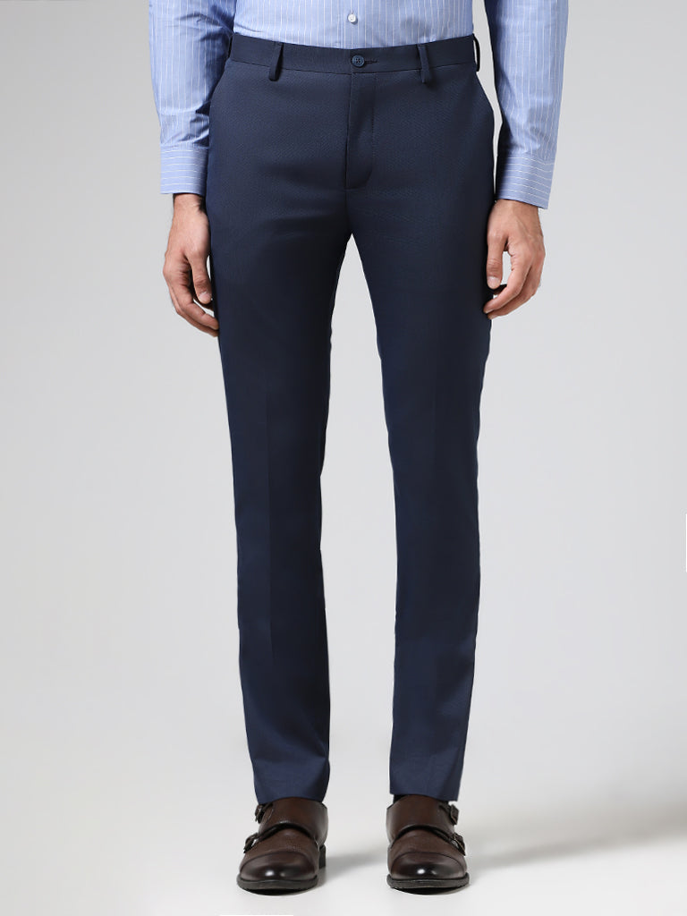 WES Formals Solid Navy Ultra-Slim-Fit Mid-Rise Trousers