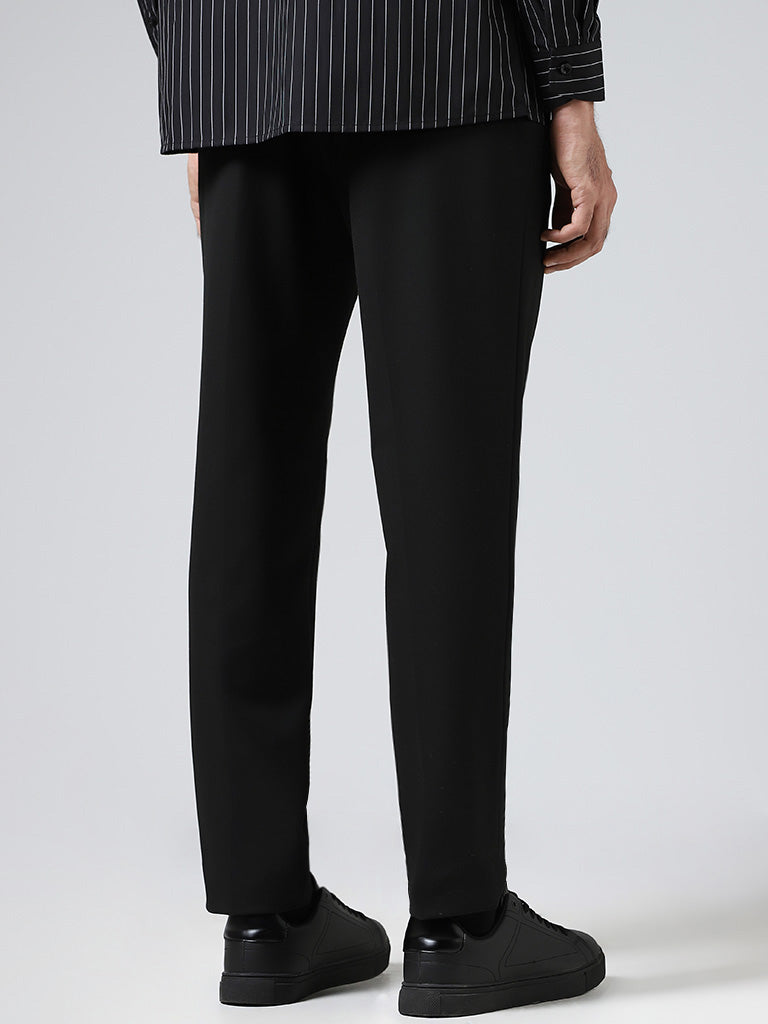 WES Formals Solid Black Slim-Fit Mid-Rise Trousers