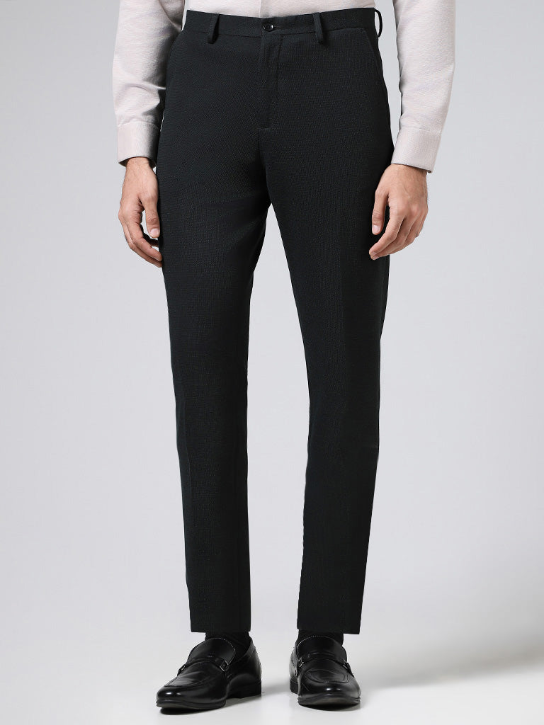 WES Formals Solid Emerald Green Slim-Fit Mid-Rise Trousers