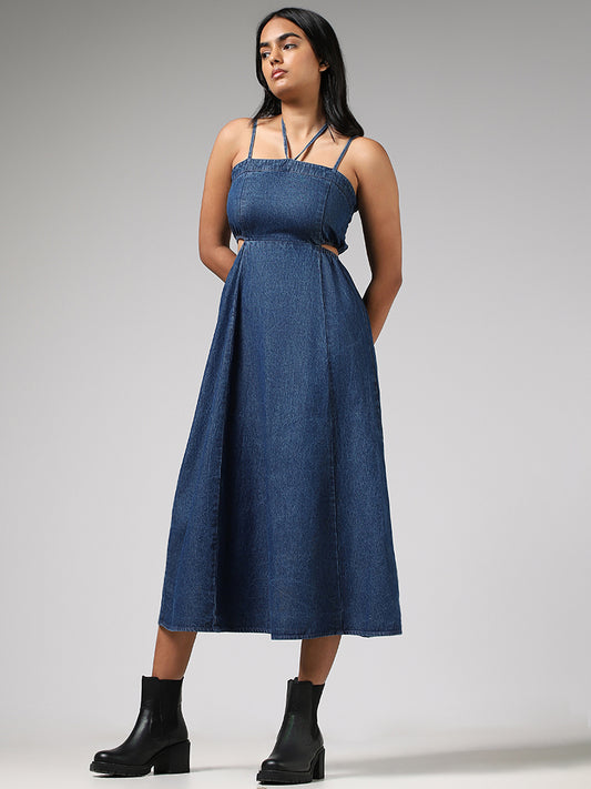 Nuon Blue Cut-Out Strappy Denim A-Line Dress
