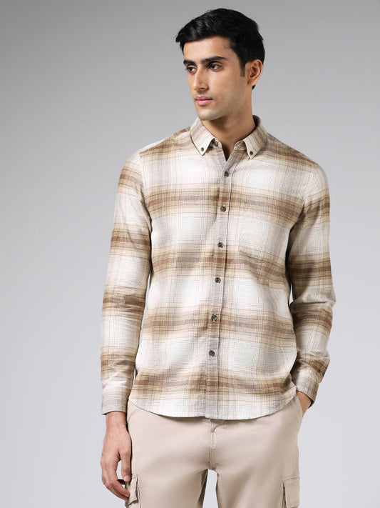 WES Casuals Brown Plaid Checked Cotton Slim-Fit Shirt