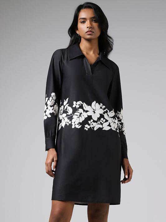Wardrobe Black Floral Printed Satin Straight Dress