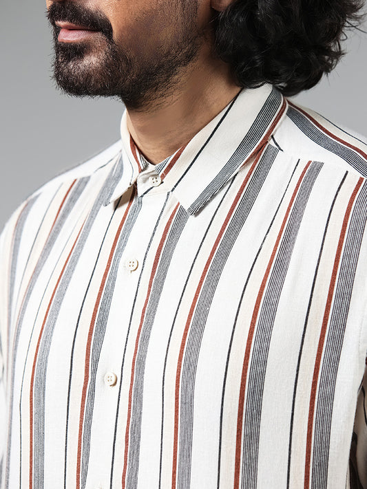 Ascot Beige Striped Relaxed-Fit Blended Linen Shirt