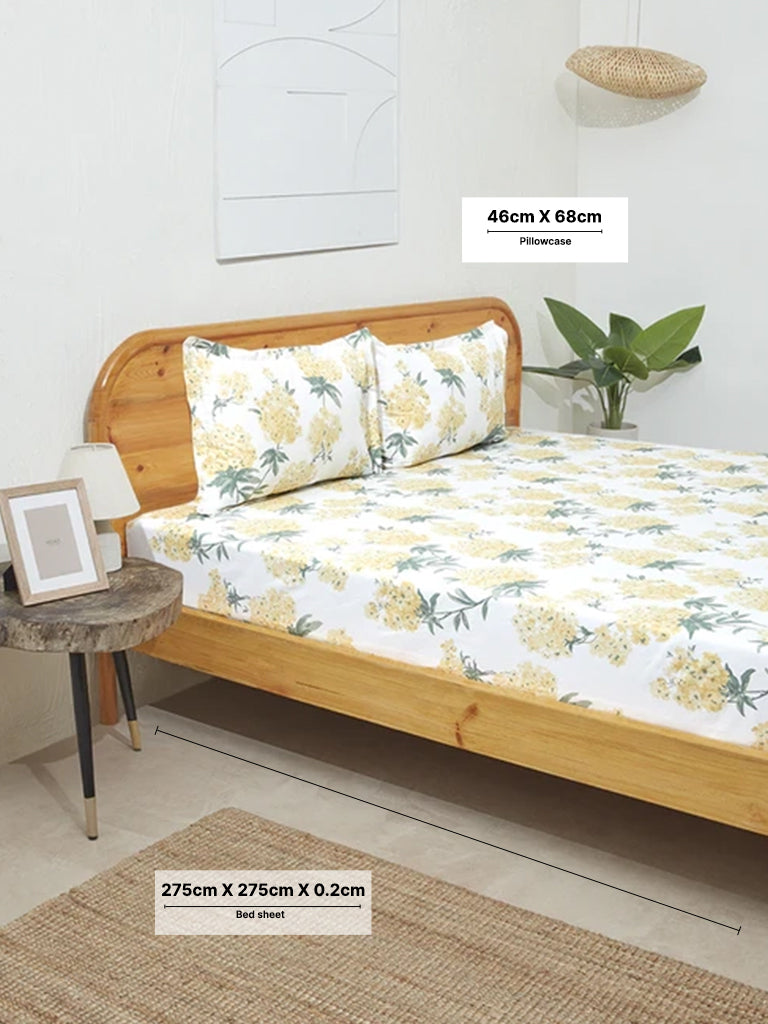 Westside Home Yellow Floral Design King Bed Flat Sheet and Pillowcase Set