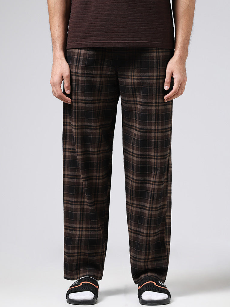Brown tweed prince of wales double pleat cuffed Trousers