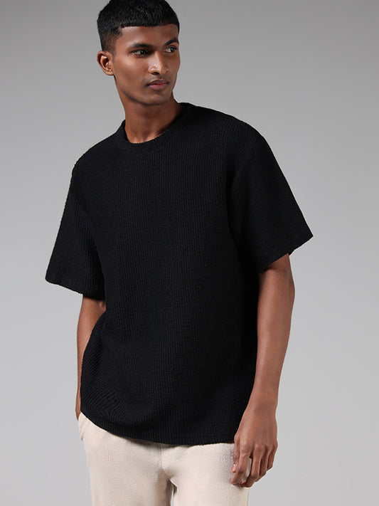 ETA Black Knitted Relaxed-Fit Cotton T-Shirt