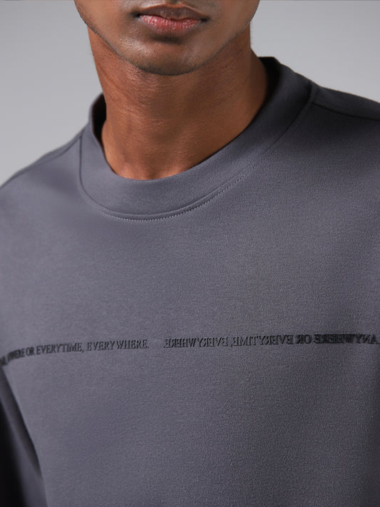 Studiofit Grey Typographic Printed Cotton Relaxed-Fit Sweatshirt