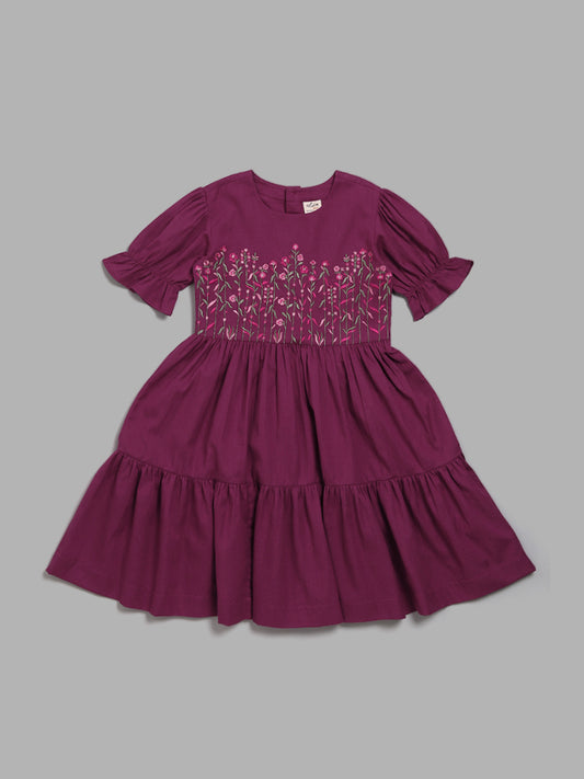 Utsa Kids Plum Floral Embroidered Tiered Dress