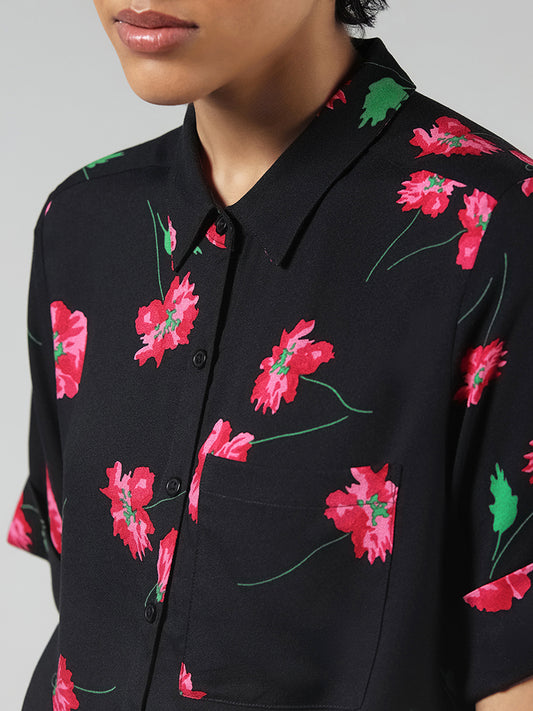 LOV Black Floral Printed Knotted Shirt