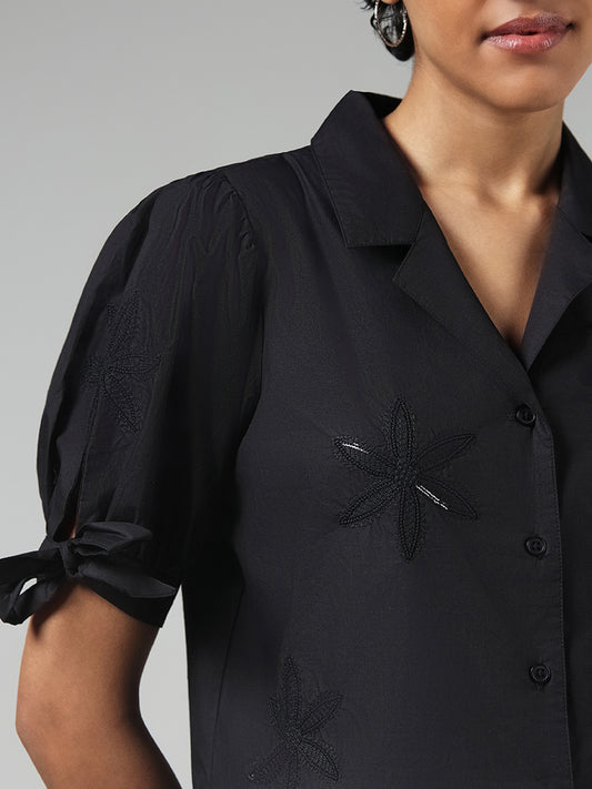 LOV Black Floral Sequin Embroidered Shirt