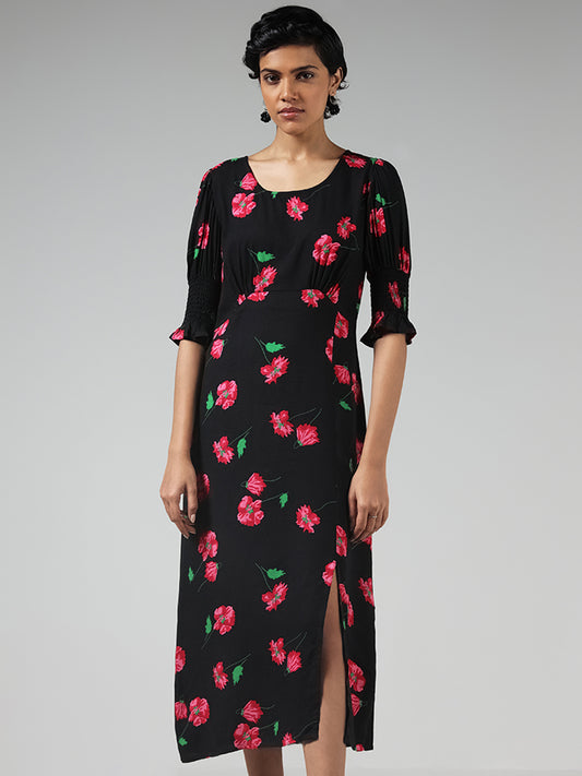 LOV Black Floral Printed Straight Dress