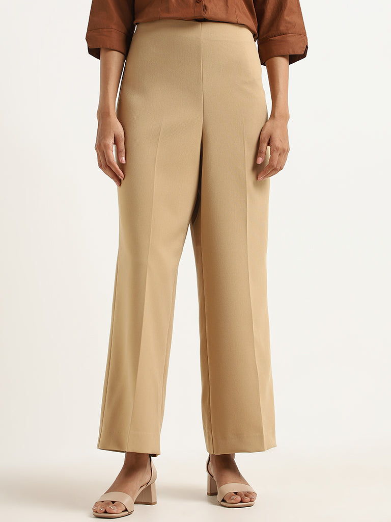 River Island co-ord pleated detail wide leg trouser in beige | ASOS
