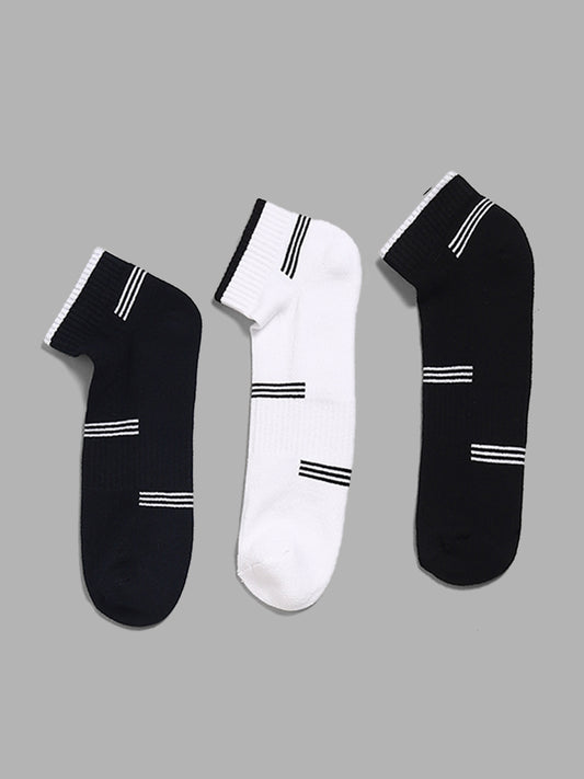 WES Lounge Striped Black & White Trainer Socks - Pack of 3
