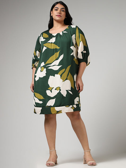 Gia Forest Green Bold Floral Printed Straight Dress