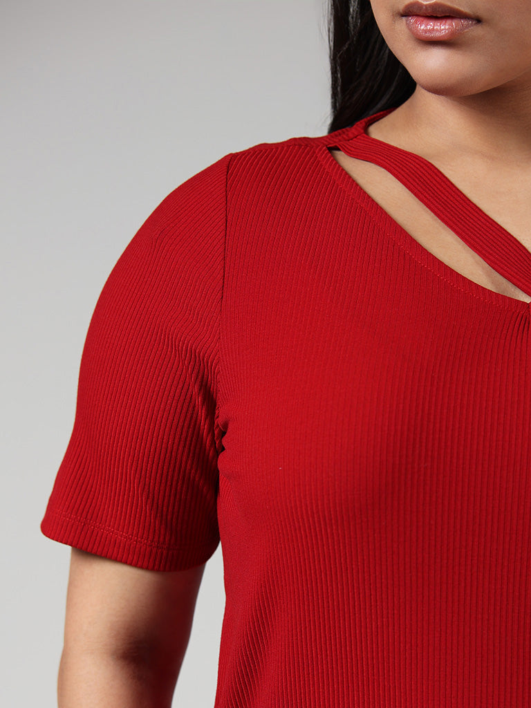 Buy Gia Cut-Out Westside Neck Solid T-Shirt Red from