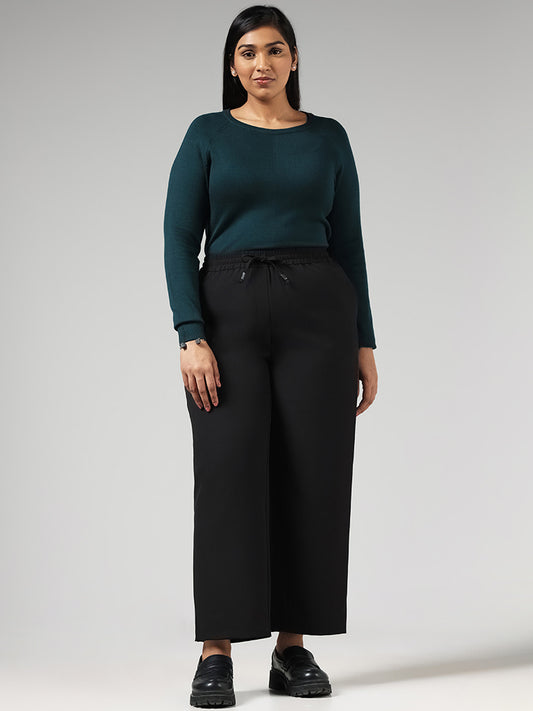 Gia Solid Black Mid-Rise Wide Leg Trousers