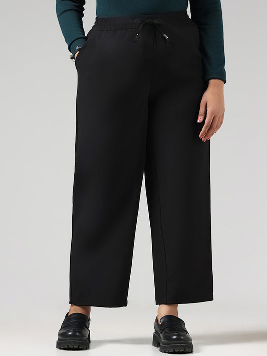 Gia Solid Black Mid-Rise Wide Leg Trousers