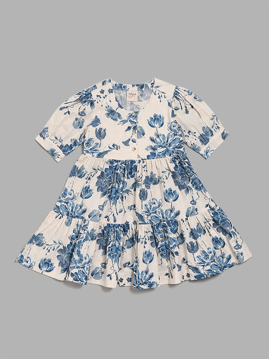 Utsa Kids Off White & Blue Floral Printed Tiered Dress