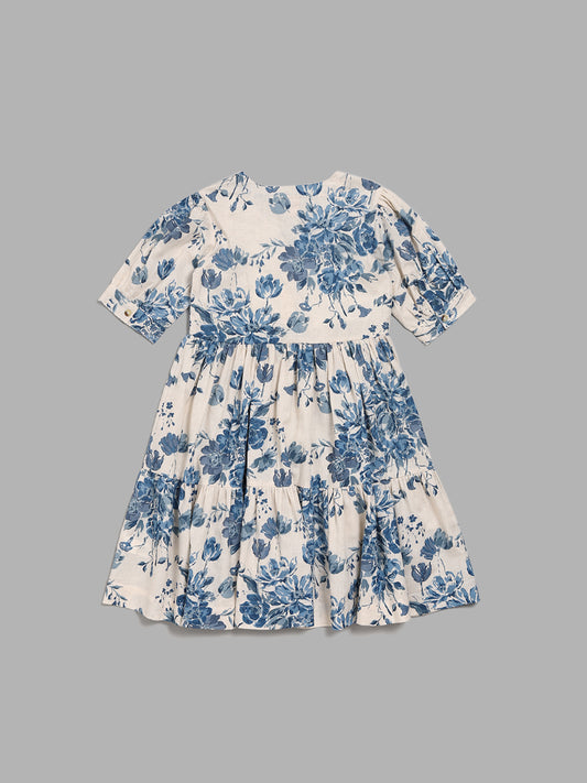 Utsa Kids Off White & Blue Floral Printed Tiered Dress