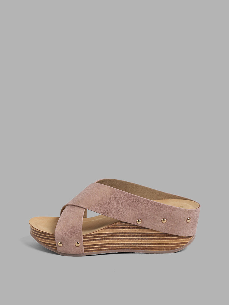 LUNA BLU Nude Cross Strap Wedges Sandals