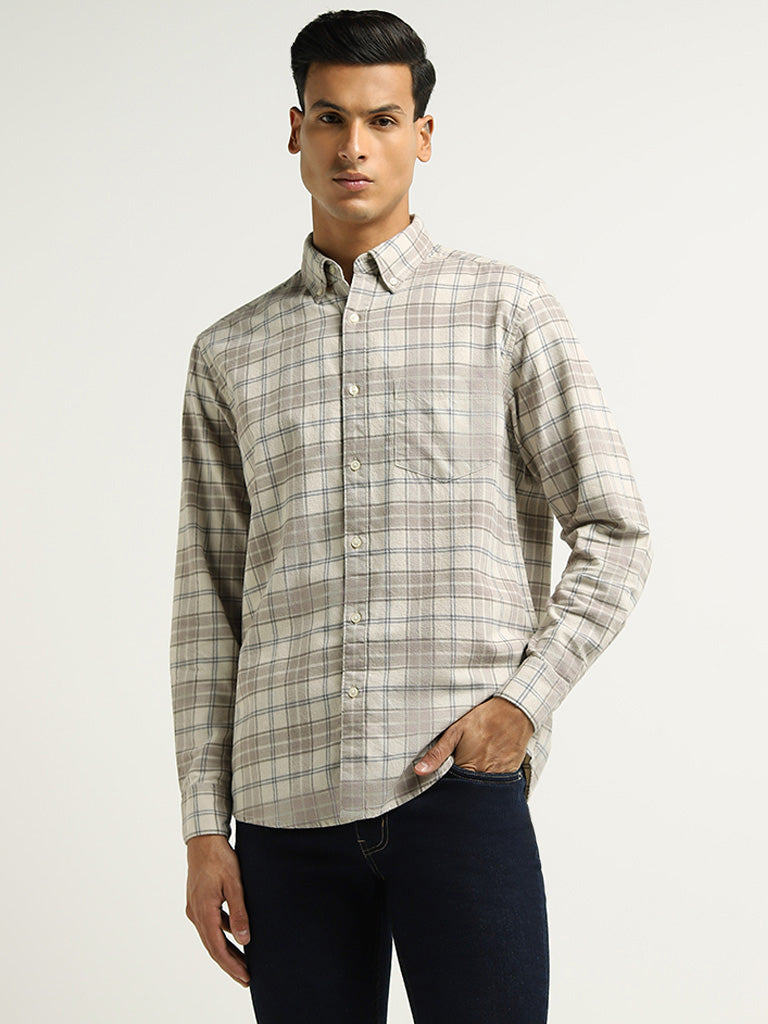 WES Casuals Beige Checked Cotton Relaxed Fit Shirt