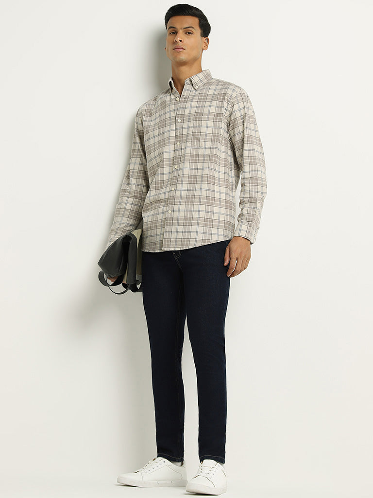 WES Casuals Beige Checked Cotton Relaxed Fit Shirt